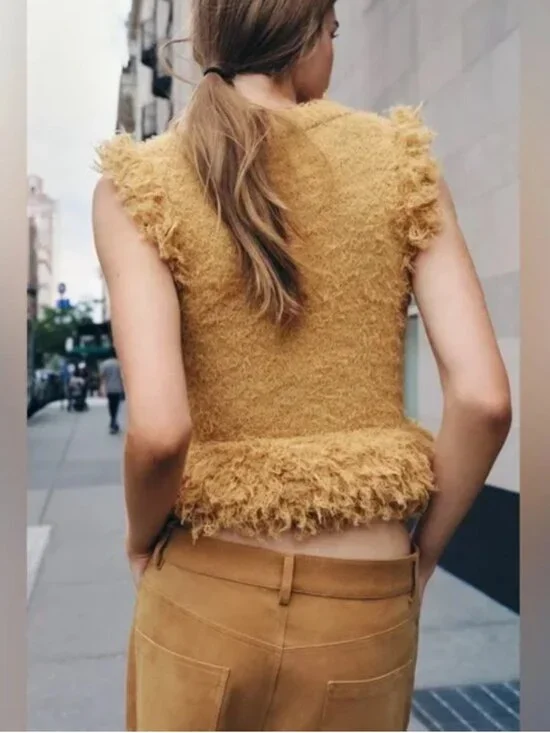Zara Mustard Yellow Ruffle Trim Textured Fuzzy Knit Vest Top, Size Small - Picture 10 of 16